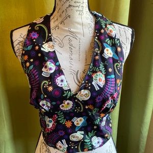 Sugar skull open back crop halter top